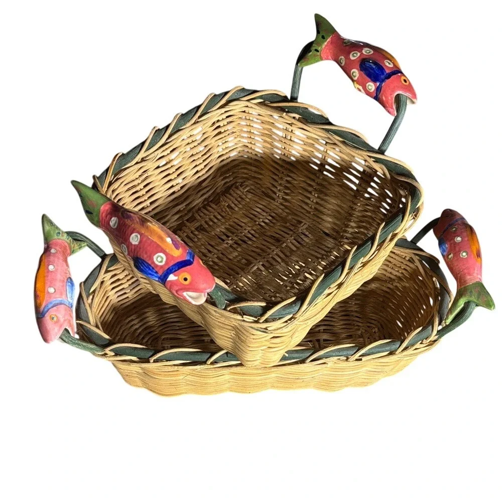 Fish Basket Wicker Ceramic Handles Nautical Beach Cottage Bread Square Lot (2)‎